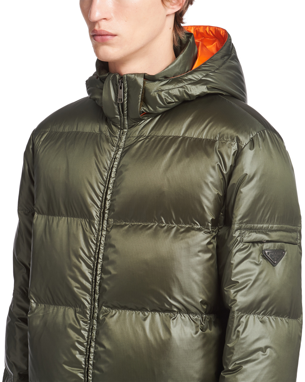 Prada S Kapucňou Nylon Down Jacket Zelene Oranžové | YGHKLE628